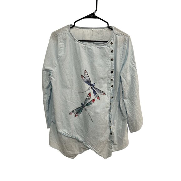 Asymmetrical Hem Dragonfly Embroidery Button-Front Top Sz L Boho Artisan - Picture 1 of 9